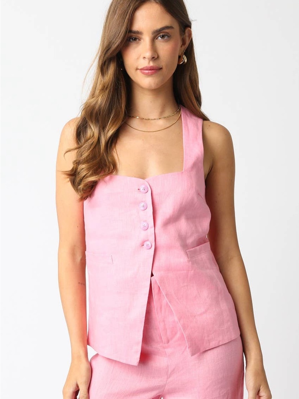 Olivaceous Pink Sleeveless Linen-Style Button Vest